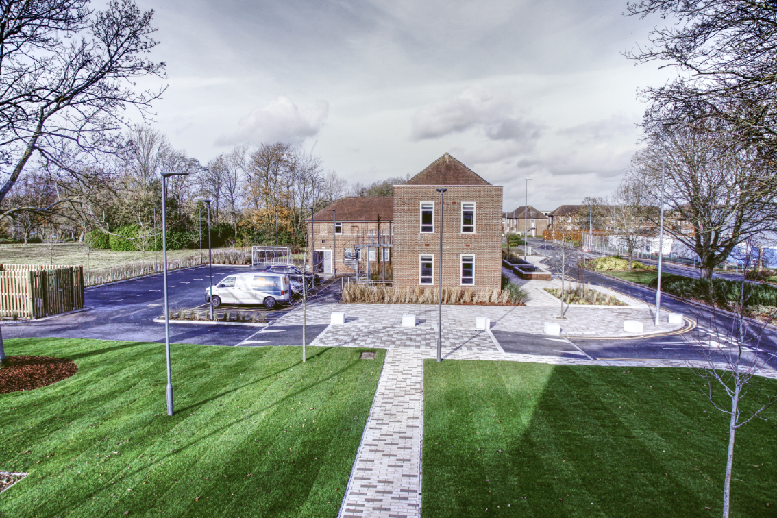 Back view if the building and landscaping