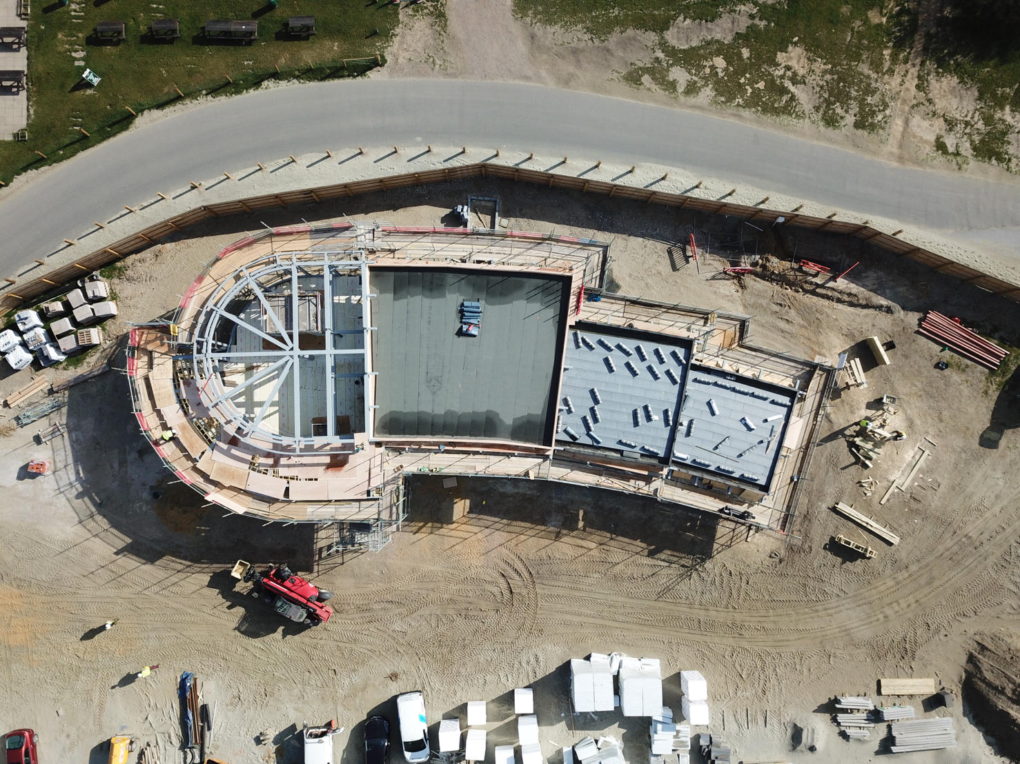 Overhead drone image of the main cafe building