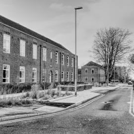 Black and white image of buildings 